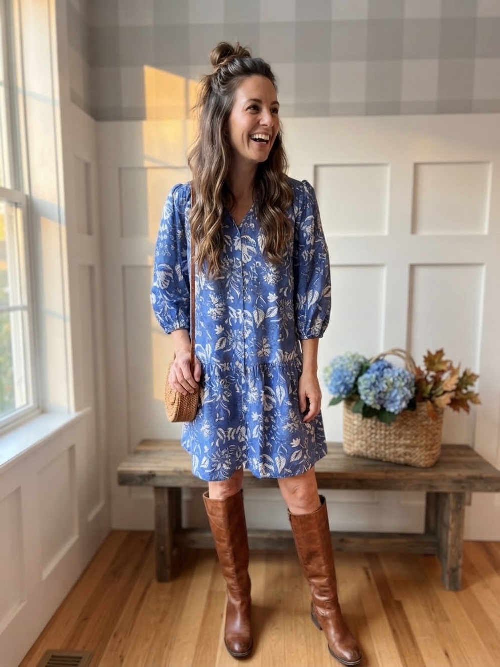 Blue Floral V-Neck Tiered Mini Dress with 3/4 Puff Sleeves XS